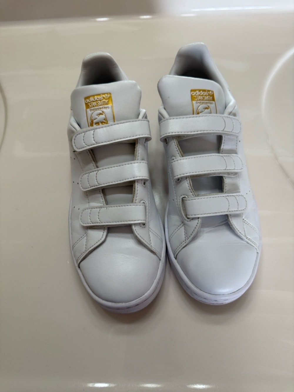 adidas original Stan Smith White Leather Velcro Sneakers with Gold Tongue Patch